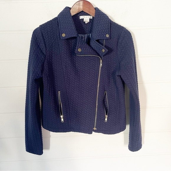 Emma & Posh Blue Cable Knit Biker Jacket Size Large - Picture 1 of 9